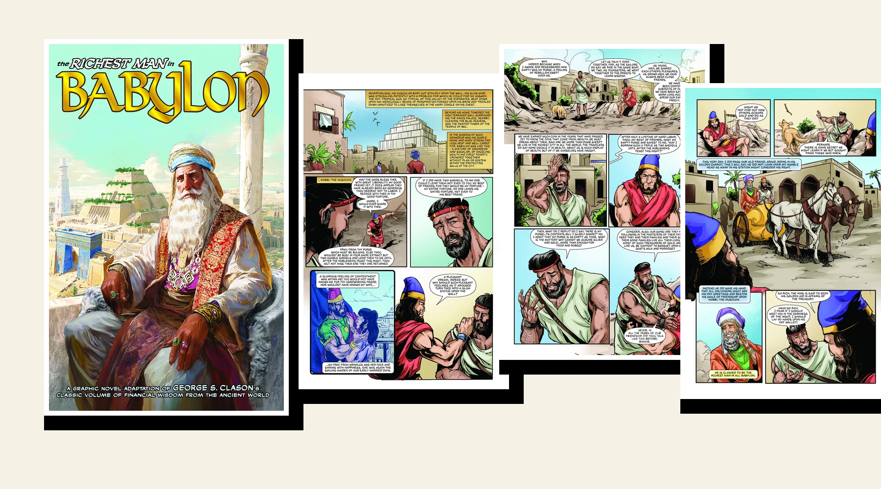 Approved collage of the real cover and Chapter 1 interior pages of The Richest Man in Babylon Graphic Novel